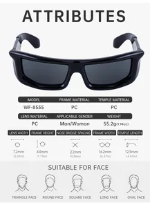 Detailed size chart for Y2K sports cycling sunglasses showing frame dimensions and weight