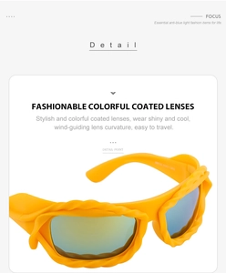 Detail of yellow Y2K sunglasses with anti-blue light colorful coated lenses and wide frames