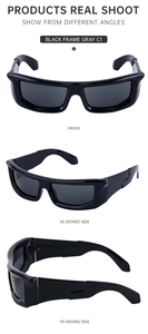 Three-angle view of Y2K sports sunglasses featuring a black frame and gray lenses