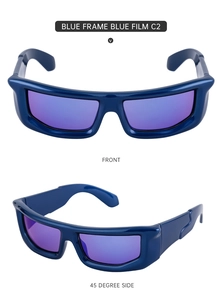 Front and 45-degree side view of blue sporty Y2K sunglasses with purple reflective lenses