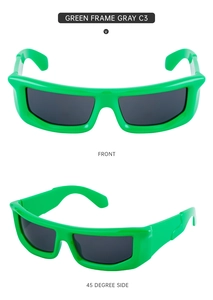 Front and 45-degree side views of green Y2K sports sunglasses with dark gray lenses