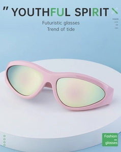 Macro view of futuristic Y2K sunglasses with pink frames and iridescent lenses