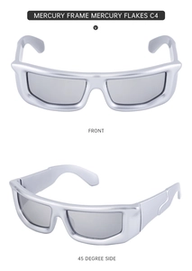 Close-up of Y2K futuristic silver cycling sunglasses with Mercury Flakes C4 metallic frame