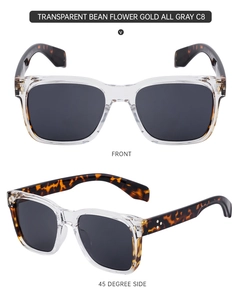 Détail de lunettes de soleil carrées rétro avec branches écaillées et rivets dorés
