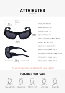 Size chart showing Y2K sunglasses dimensions and PC frame material specifications