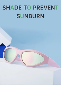 Pink Y2K wrap-around sports sunglasses with iridescent mirrored lenses on white podium