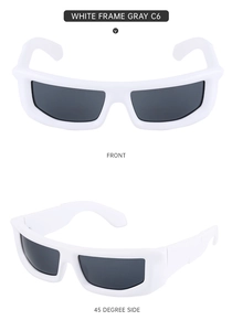 Front and 45-degree side views of sporty Y2K white frame cycling sunglasses with gray lenses