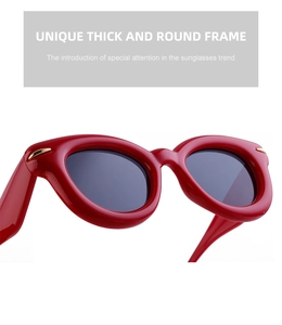 Détail d'une monture de lunettes de soleil ronde rouge épaisse avec accents dorés
