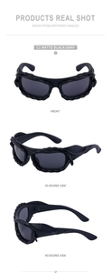 Detailed views of matte black Y2K sunglasses with unique textured frames from multiple angles