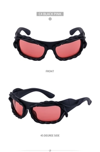 Y2K style sunglasses with black rope texture frames and vibrant pink lenses detail