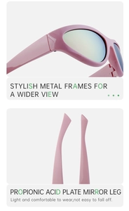 Detail of pink Y2K sunglasses with stylish metal frames and propionic acid temples
