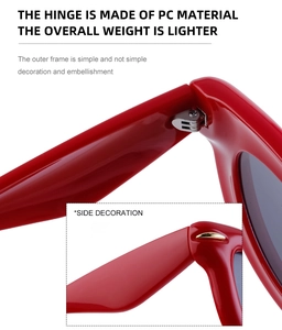 Détail de lunettes de soleil rouges avec charnières en PC et décor de feuille dorée élégant