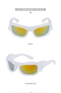 Detailed front and 45-degree side views of Y2K white textured frame sunglasses with orange film
