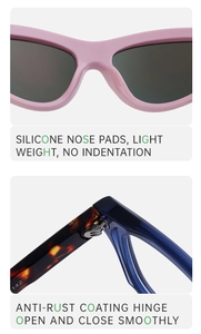 Detailed macro view of soft silicone nose pads and rust-proof metal hinges of Y2K sunglasses