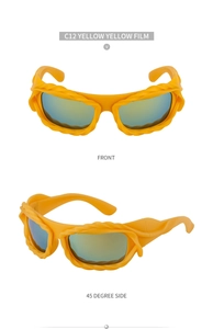 Detailed view of yellow Y2K sunglasses with unique textured frames and yellow tinted lenses