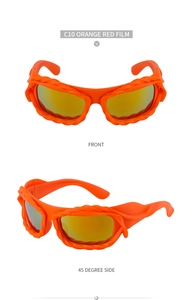 Detailed front and side views of orange Y2K sunglasses with braided texture frames
