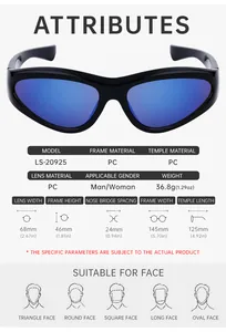Detailed size chart and technical specifications for Y2K sporty colorful sunglasses