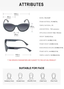 Detailed size chart for cat eye polarized sunglasses showing frames and lens dimensions