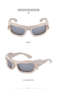 Front and side view of rice-white Y2K sunglasses with unique twisted frame texture