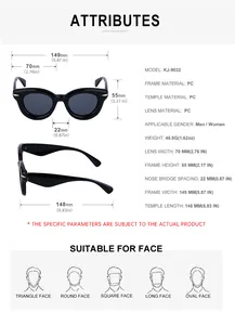 Tableau des tailles pour lunettes KJ-9032 avec dimensions et détails du matériau en PC