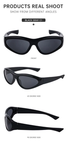 Three-angle detail view of Y2K wraparound sunglasses with black frames and gray lenses