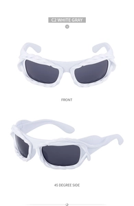 Detailed front and side view of white Y2K sunglasses with unique twisted woven texture