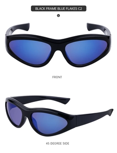 Front and 45-degree side view of C2 black frame sports sunglasses with blue lenses