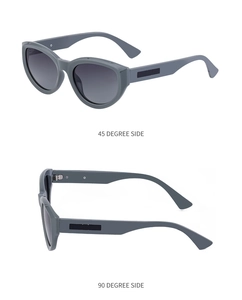 Polarized cat eye sunglasses with gray frame and 90 degree side view detail