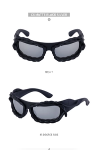 Detail of Y2K matte black cycling sunglasses with silver lenses and twisted texture frame