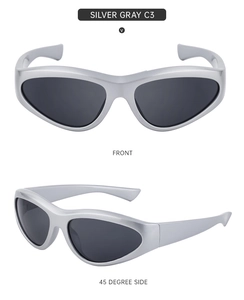 Front and 45-degree side views of silver gray Y2K sports sunglasses with wrap frames