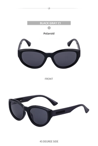 Detailed views of black cat-eye polarized sunglasses with gray lenses from multiple angles