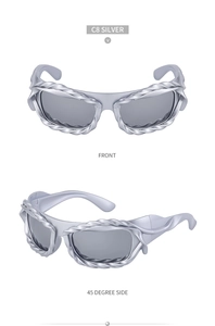 Detail view of silver Y2K wavy frame sunglasses with grey lenses in front and side views