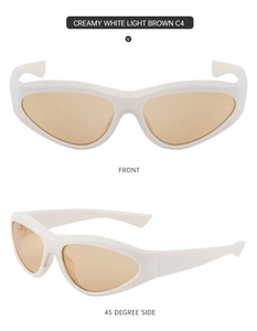 Front and 45-degree side view of creamy white Y2K sports sunglasses with brown lenses