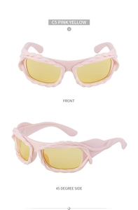 Front and 45-degree views of pink Y2K sunglasses with yellow lenses and braided frames