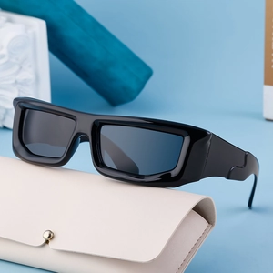 Y2K sporty rectangular sunglasses in black with grey lenses and a cream leather case
