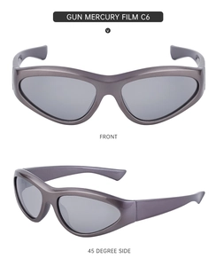 Detailed front and side view of Y2K wrap sports sunglasses with gunmetal frames and mercury film