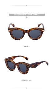 Vue détaillée des lunettes de soleil œil de chat motif léopard et verres gris