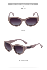 Detailed front and side views of pink cat eye polarized sunglasses with grey gradient lenses