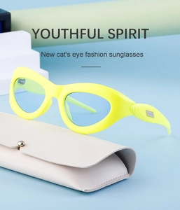 Fluorescent yellow cat eye sunglasses with blue lenses and premium white leather case