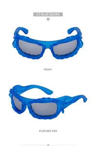 Front and side view of Y2K wraparound sunglasses with blue wavy textured frames