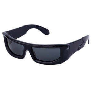 Y2K sporty wrap-around cycling sunglasses with futuristic black frame and dark grey lenses