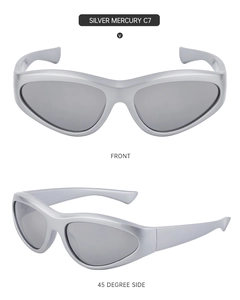 Front and side view of Y2K silver mercury sports sunglasses with wraparound frames