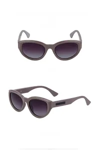 Front and side view of cat-eye sunglasses with light coffee frames and gray gradient lenses