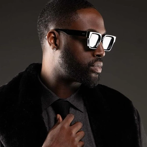 Modern black and white thick square sunglasses for men with layered acetate frame design