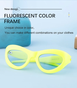 Detail view of fluorescent yellow cat-eye sunglasses with blue lenses and model OD-98182 C4