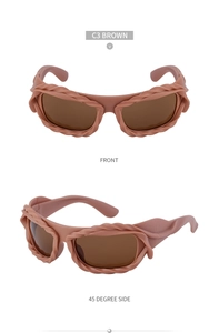 Detailed views of C3 Brown Y2K sunglasses featuring twisted sculptural texture frames