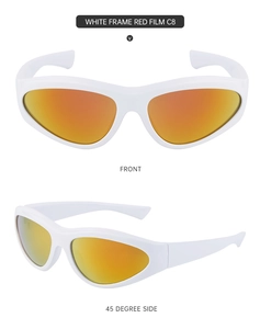 Front and 45 degree side views of white Y2K sunglasses with orange-red gradient lenses
