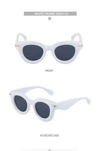Vues détaillées de face et de côté de lunettes de soleil œil de chat blanches et grises