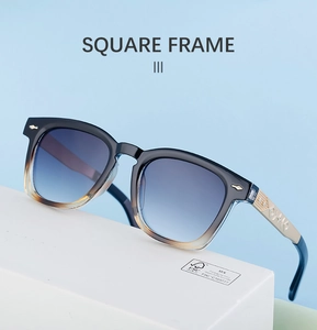 Close-up of square frame sunglasses with blue-yellow gradient lenses and gold temple detail