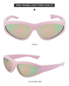 Pink Y2K sports sunglasses detail featuring pink frame and reflective polarized lenses